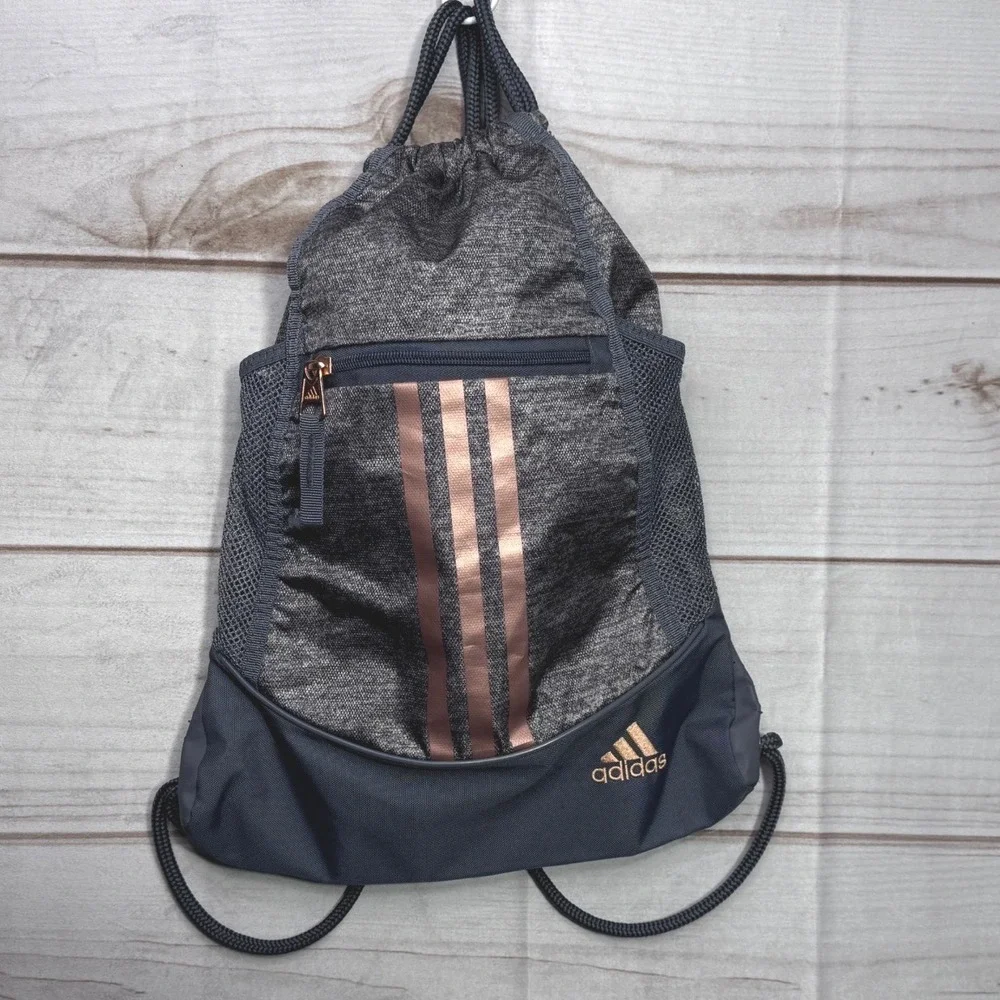 Adidas Drawstring Cinch Bag Grey Navy Rose Gold Metallic Stripes Sackpack Gym - Picture 1 of 7